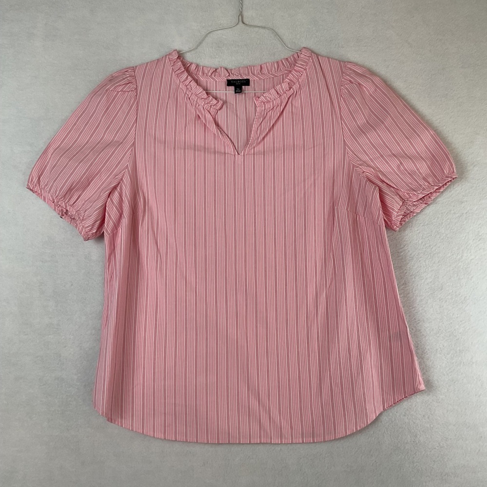 Talbots Petite Pink White Striped Ruffle Neck Cotton Puff Sleeve Blouse‎ LP